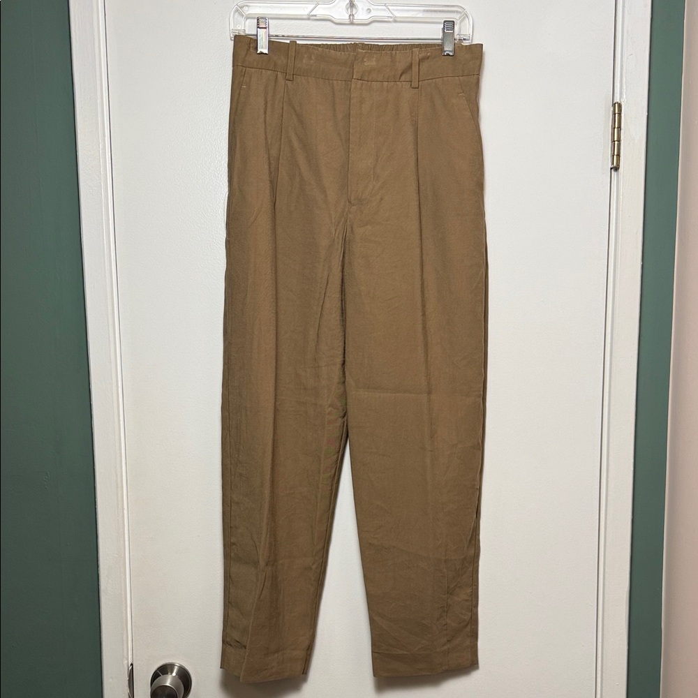 Zara Women's Pants Linen Blend High Rise Pleated Ankle Straight Leg Small